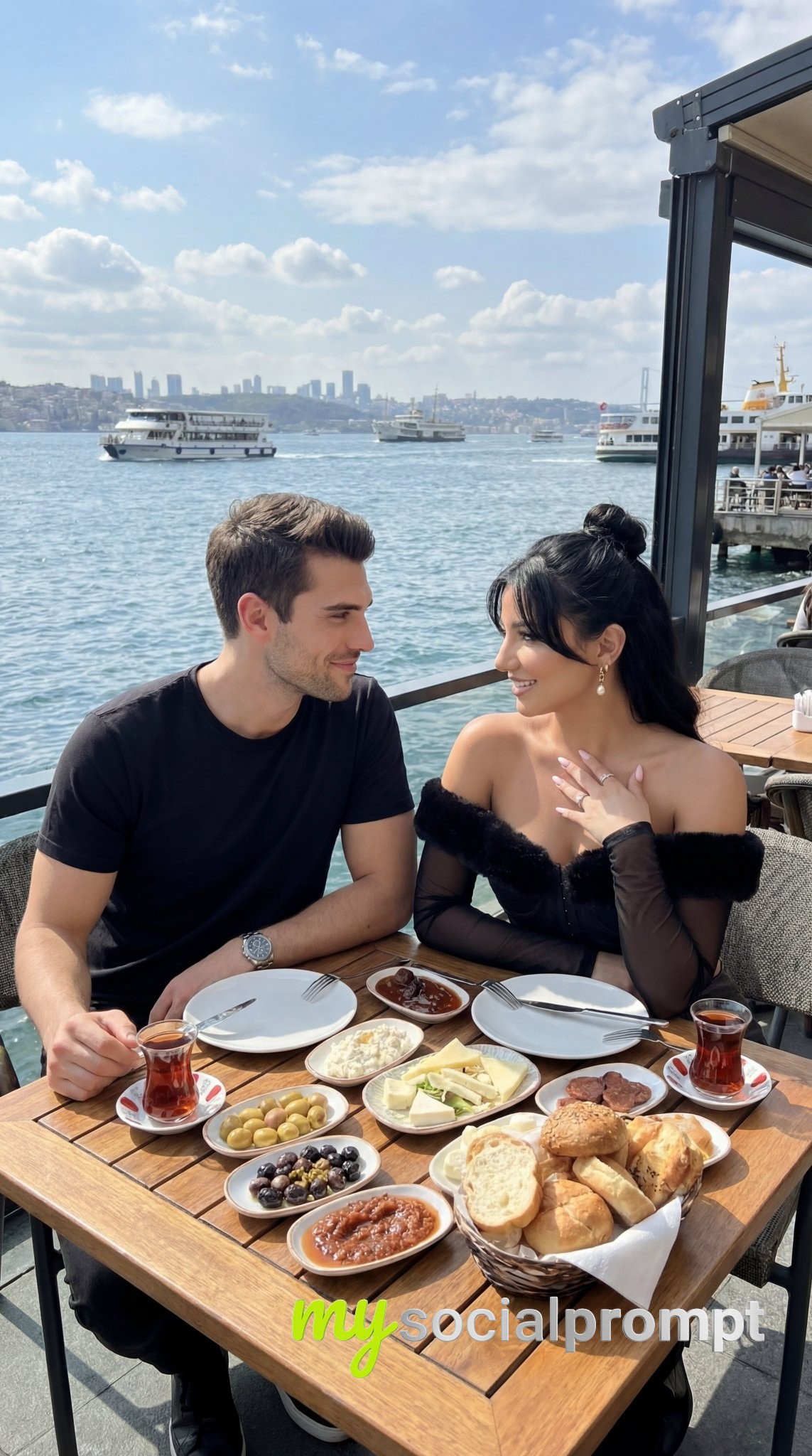 nanobanana prompt: Istanbul Bosphorus Breakfast Scene with Photorealistic Lifestyle Composition