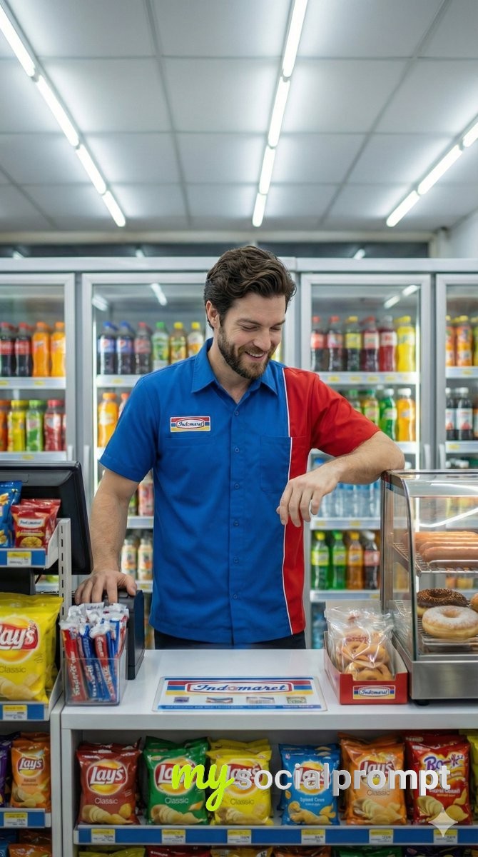 nanobanana prompt: Photorealistic Convenience Store Clerk with Cinematic Lighting