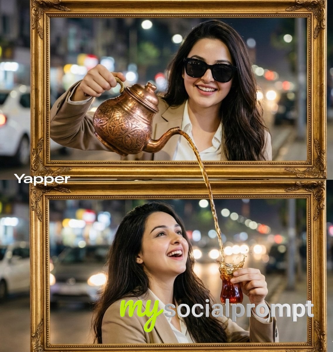 nanobanana prompt: Surreal Cinematic Tea Pour: Dual Golden Frame Illusion