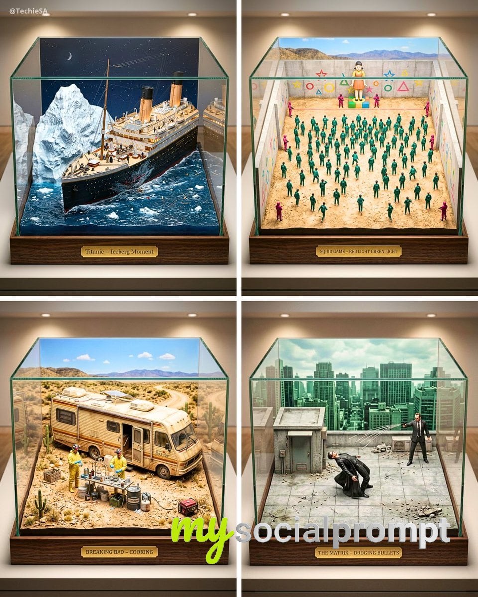 nanobanana prompt: Museum-Quality Diorama of Iconic Movie Scene – Cinematic Miniature Craftsmanship