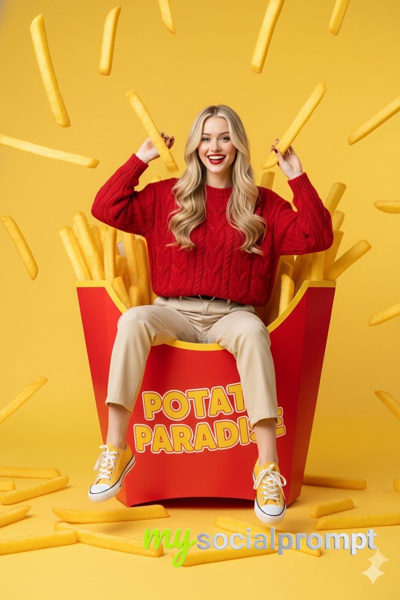 nanobanana prompt: Surreal Commercial Fast Food Photography – Playful Woman in Giant Fry Carton