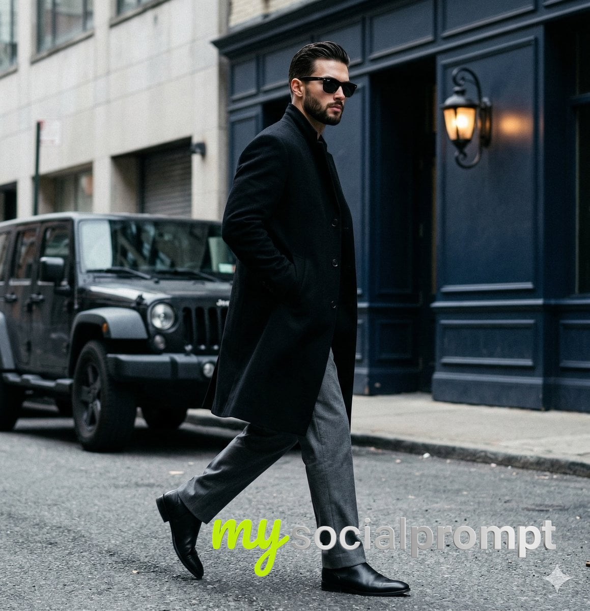 nanobanana prompt: Moody Street Style Editorial with Cinematic Lighting