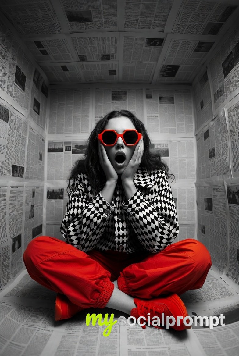 nanobanana prompt: Hyper-Realistic Editorial with Red Accents and Newspaper Room 2