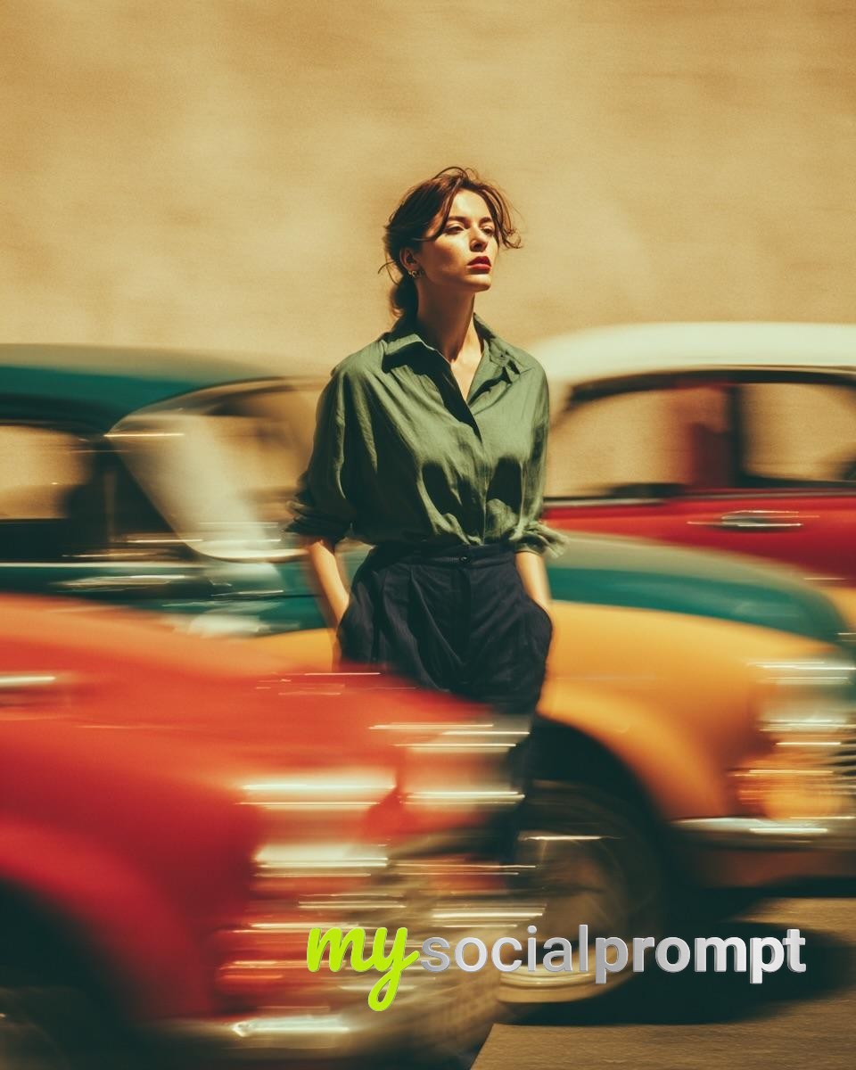 nanobanana prompt: Editorial Fashion Portrait with Motion Blur & Retro Palette