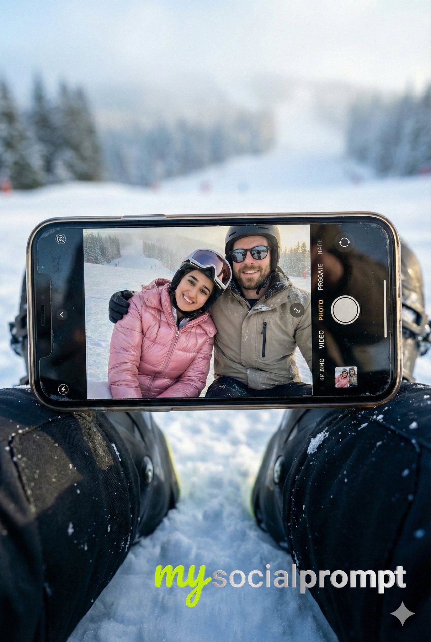 nanobanana prompt: Hyper-realistic Winter Scene with Cinematic iPhone Selfie Composition 2