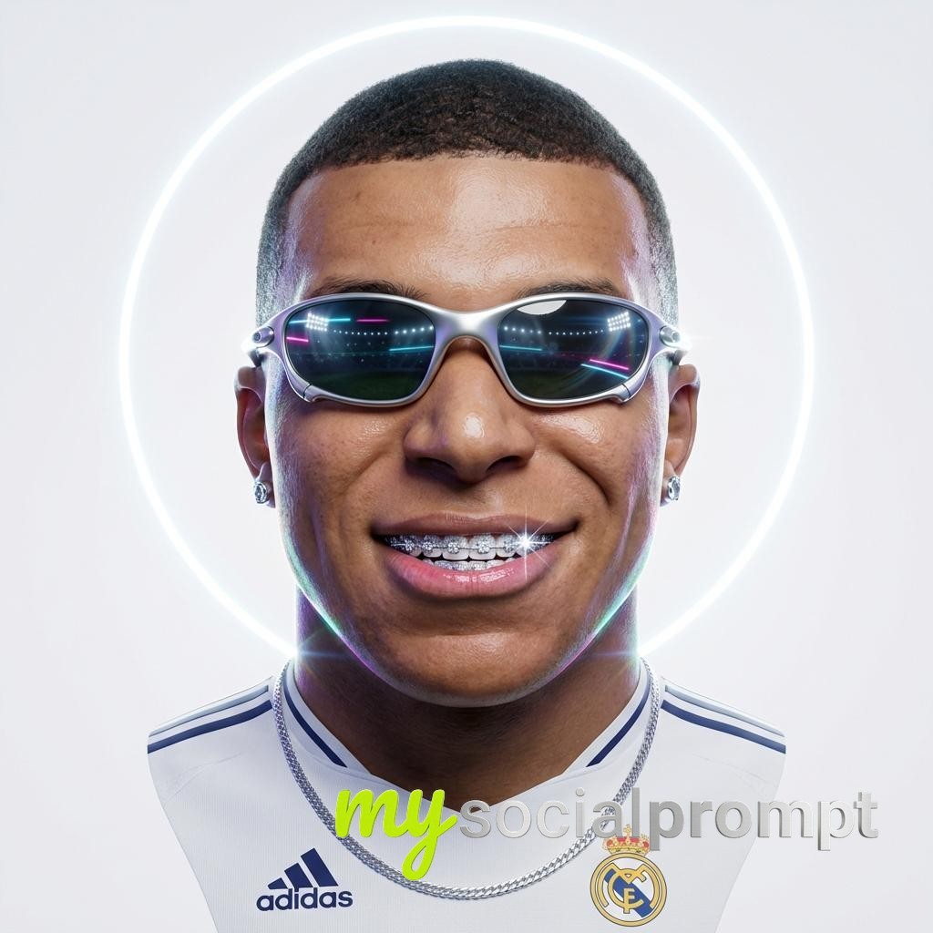 nanobanana prompt: Hyper-stylized 3D floating portrait with neon halo and cinematic lighting 3
