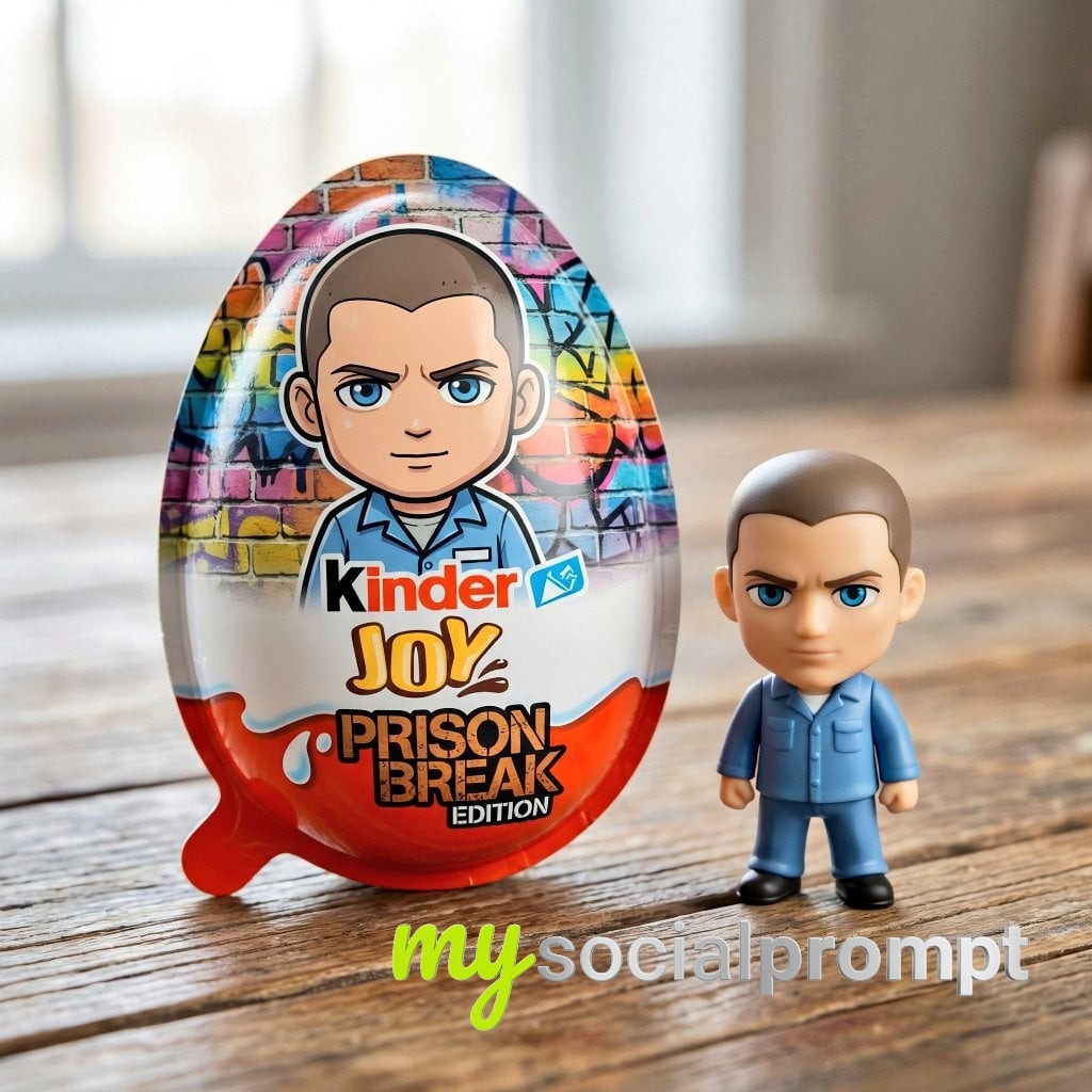 nanobanana prompt: Hyper-Realistic Product Photo of Kinder Joy Egg & Chibi Figurine on Wooden Table 2