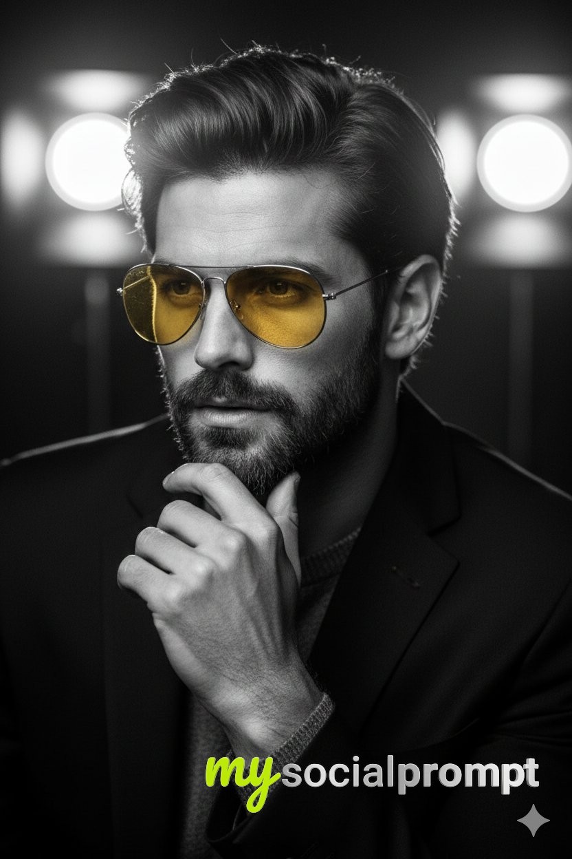 nanobanana prompt: Film-Noir Cinematic Portrait with Selective Amber Color