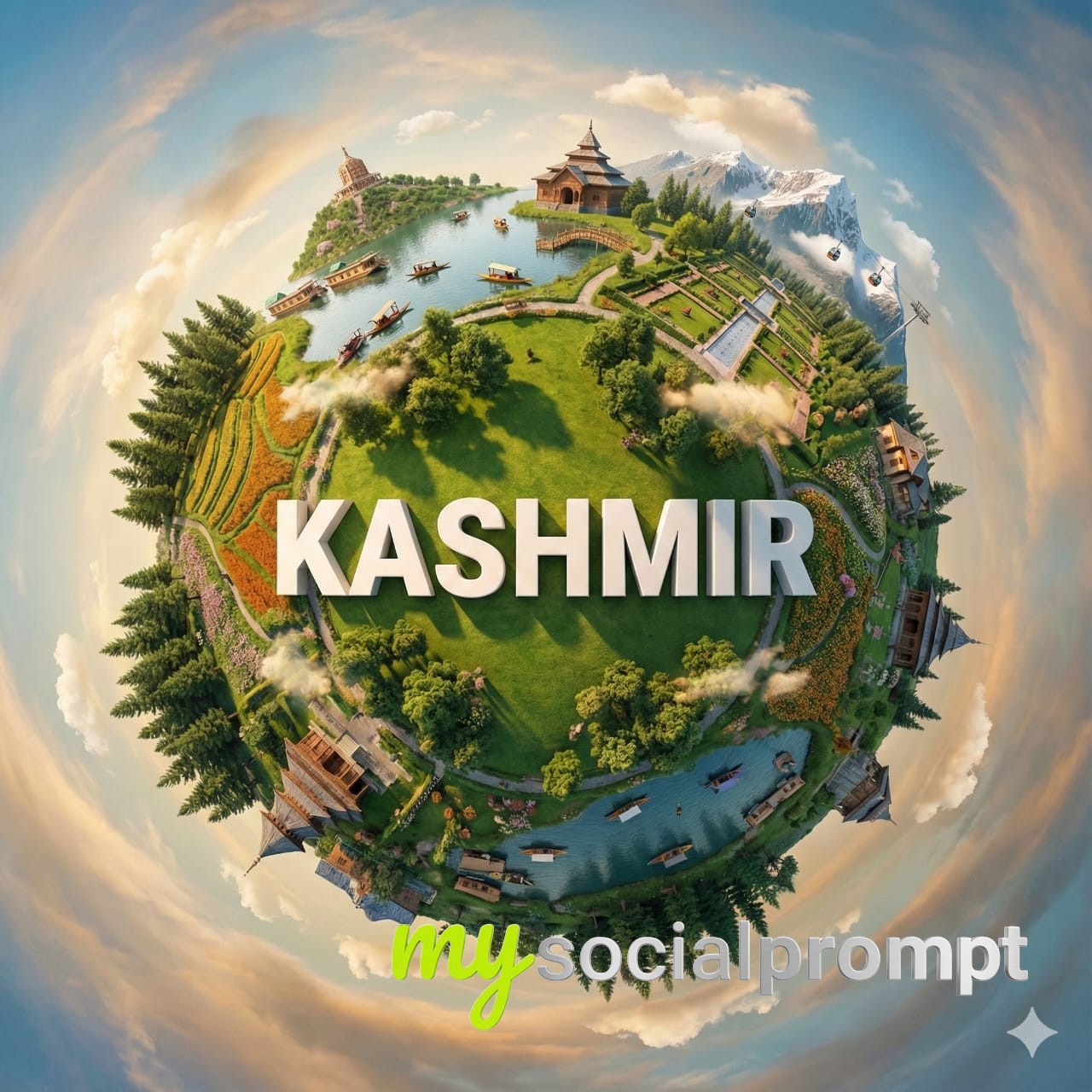 nanobanana prompt: Hyper-Realistic Miniature Planet of Kashmir with Landmarks and 3D Text