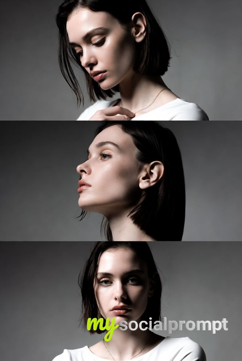 nanobanana prompt: Minimalist Monochrome Fashion Triptych with Cinematic Rembrandt Lighting 2