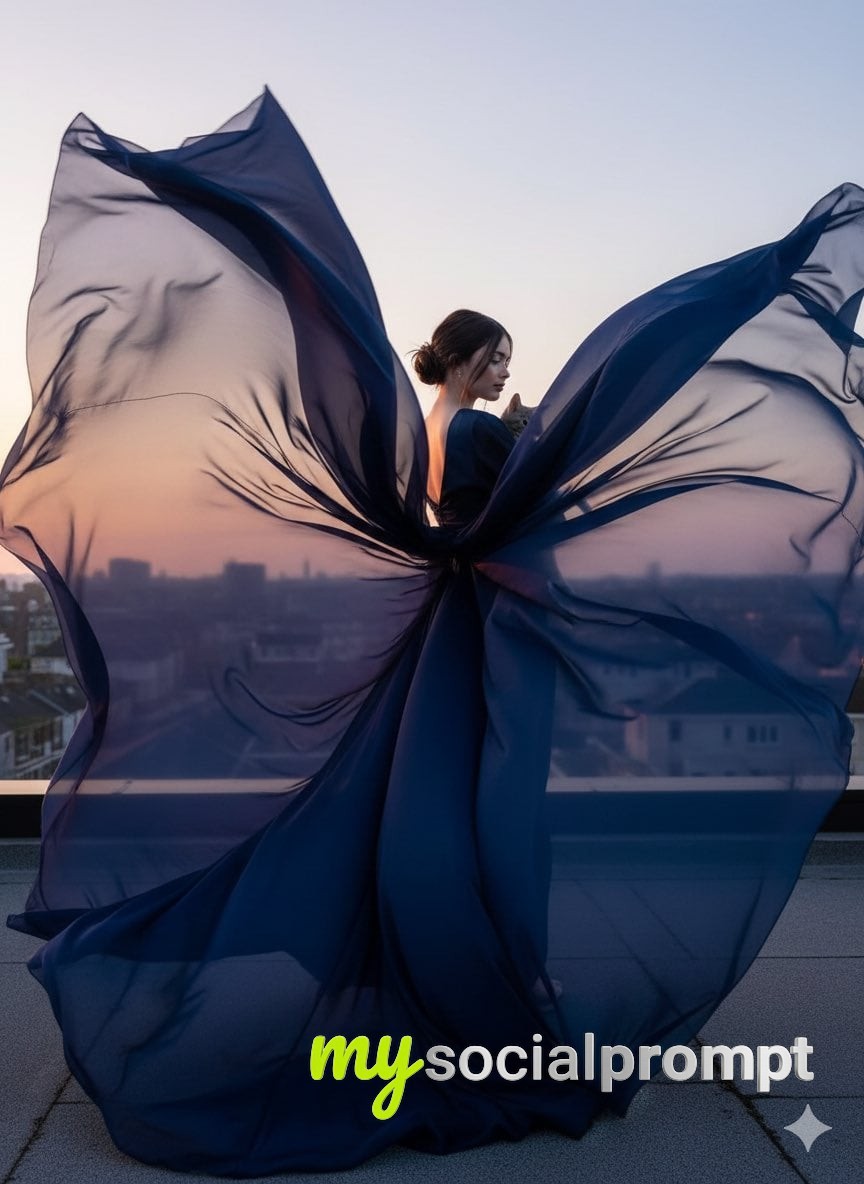 nanobanana prompt: Cinematic high-fashion motion shot with wind-swept flowing garment