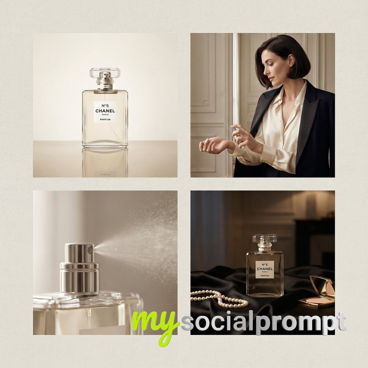 nanobanana prompt: Chanel Perfume Grid: Cinematic Luxury & Parisian Elegance