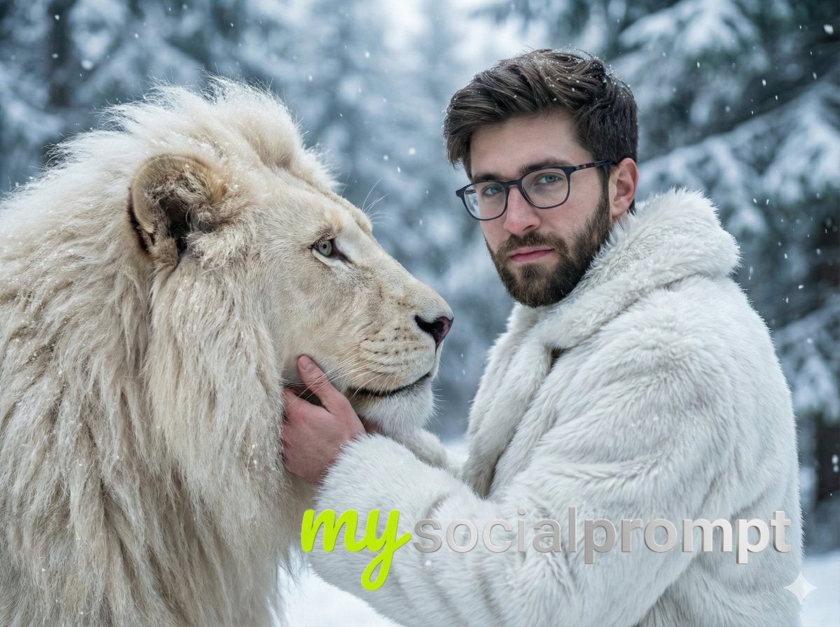 nanobanana prompt: Cinematic Hyper-Realistic Portrait: Man and White Lion in Snowy Forest – Trust, Power & Calm Dominance