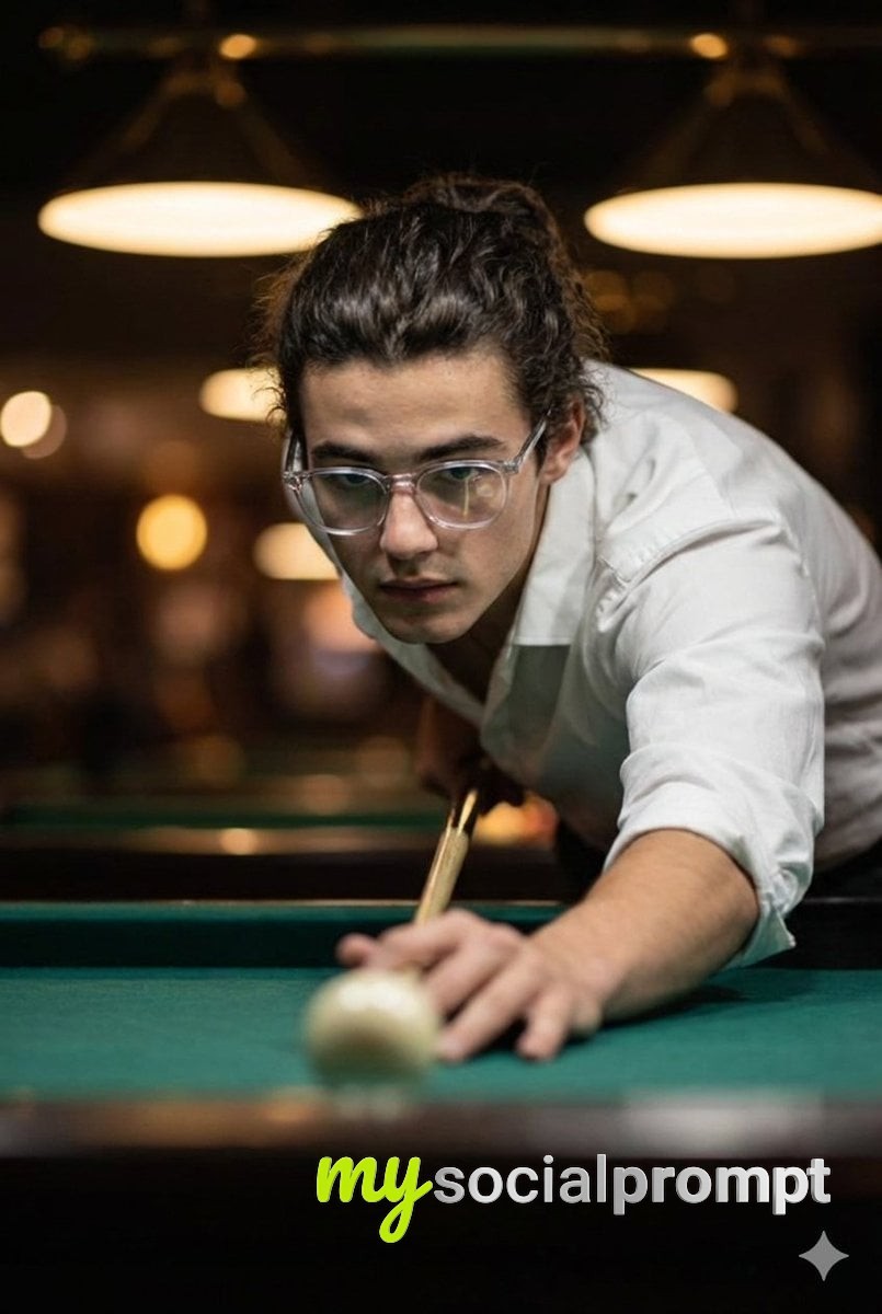 nanobanana prompt: Cinematic Billiards Portrait – Ultra-Realistic Close-Up of a Focused Player