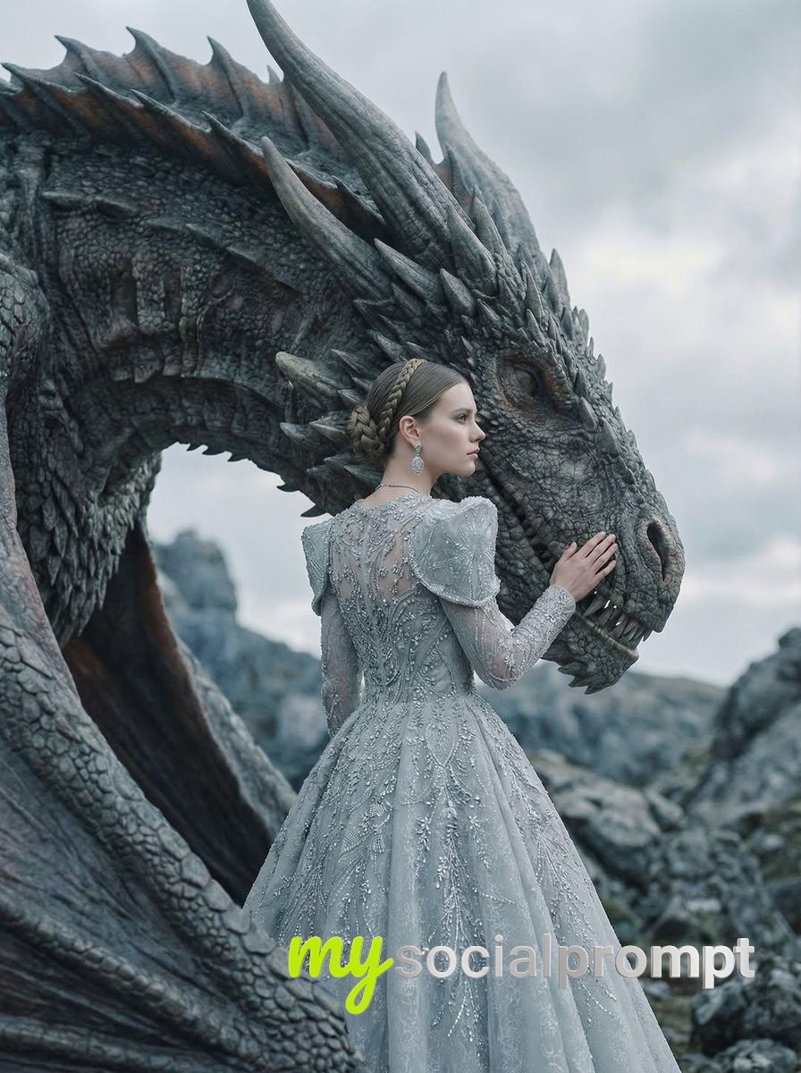 nanobanana prompt: Fantasy Couture Editorial with Dragon & Ice-Gray Gown