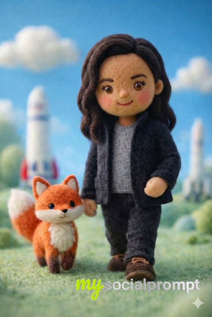 nanobanana prompt: Felt Miniature Scene with Tech-Styled Doll & Fox Companion 4