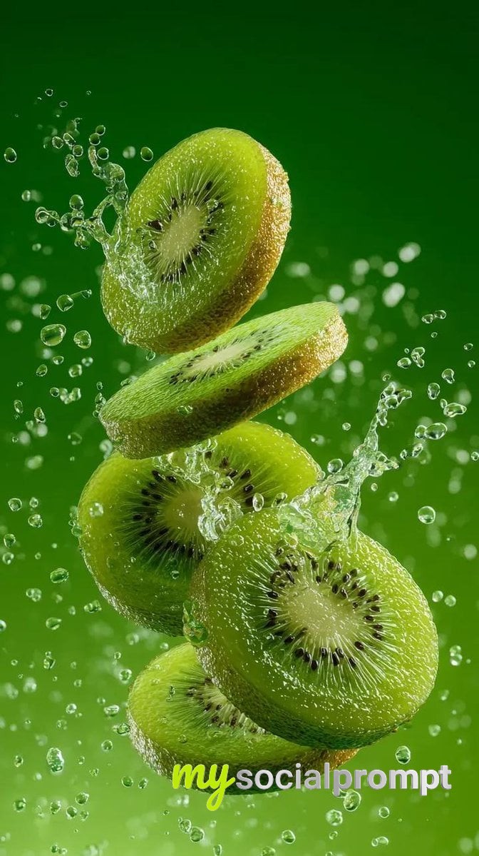 nanobanana prompt: Hyper-Realistic Kiwi Splash: Macro Food Photography with Water Droplets