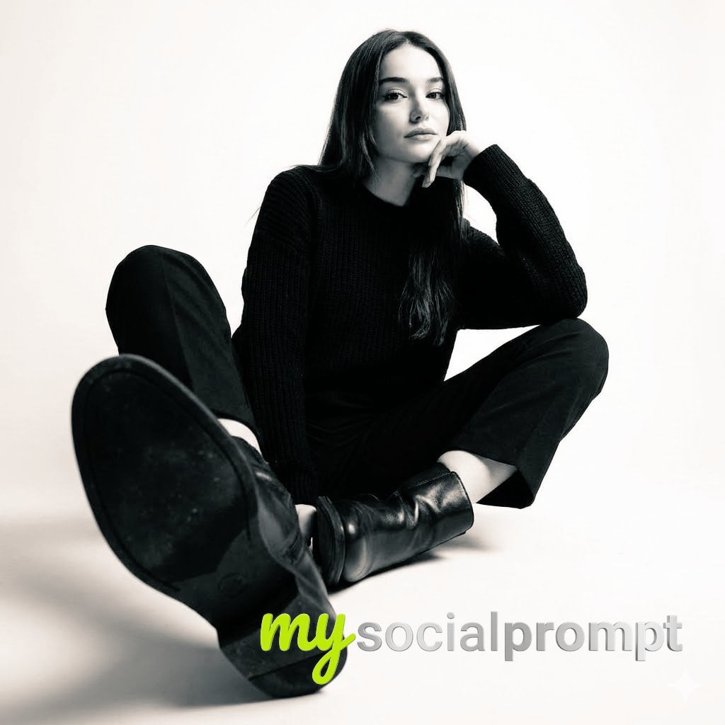 nanobanana prompt: High-Contrast Monochrome Portrait of Woman in Black Attire