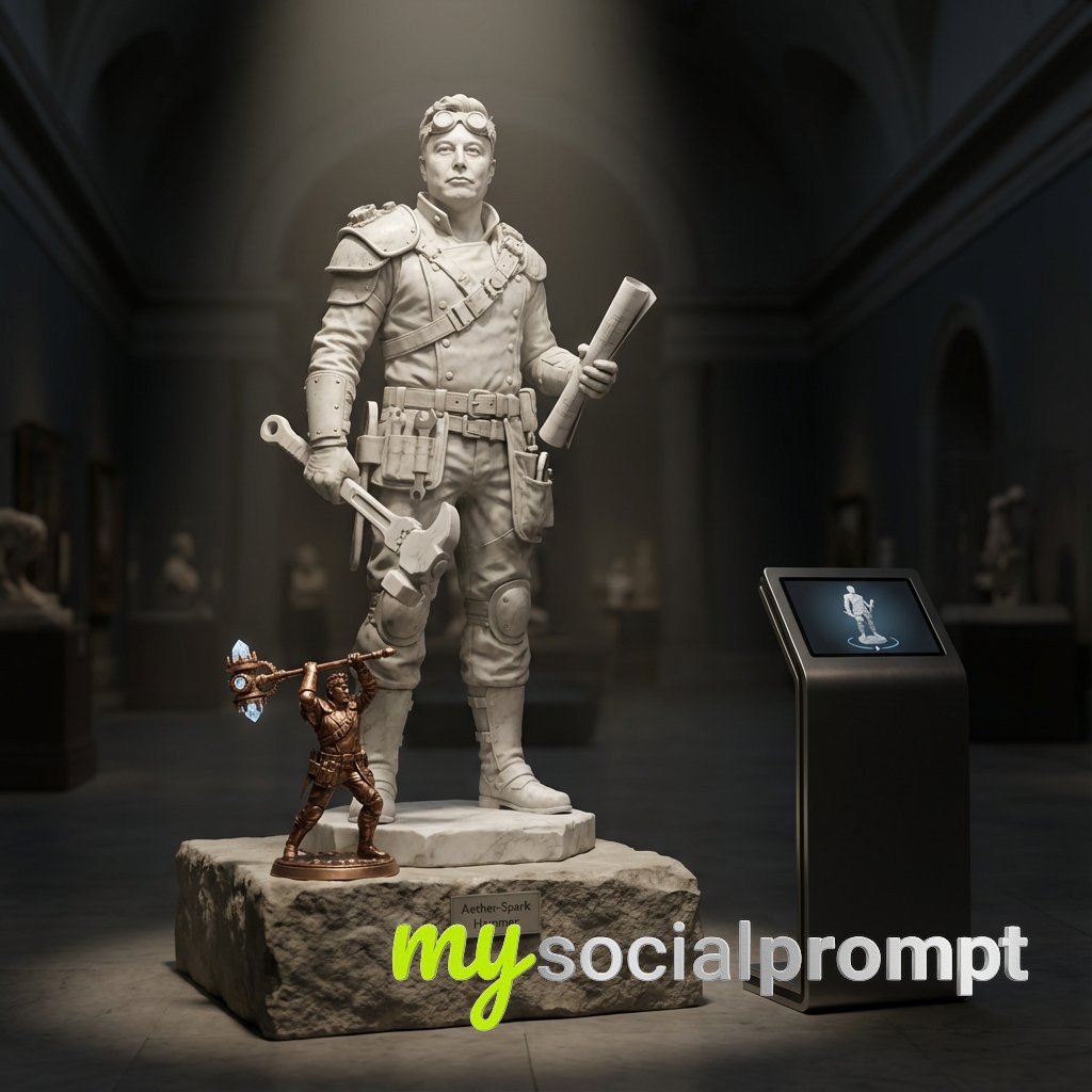 nanobanana prompt: Marble statue of a Bard (Taylor Swift) in a dark museum hall with bronze relic