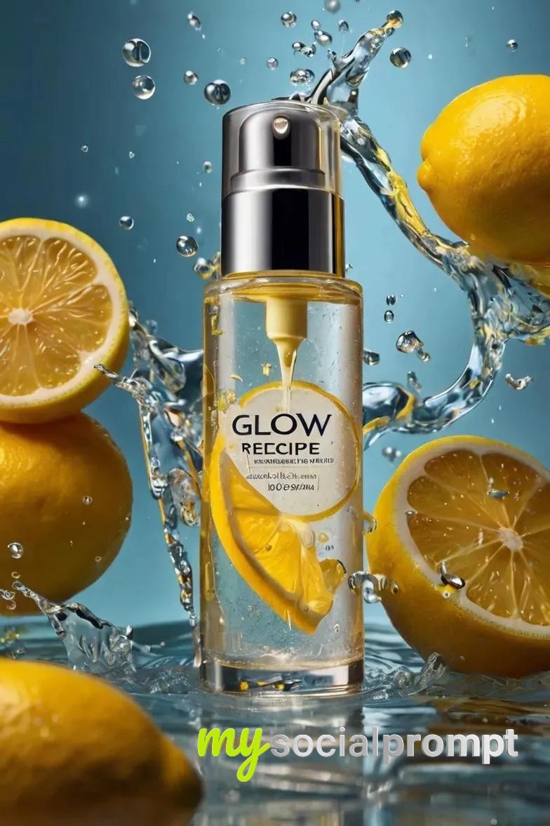 nanobanana prompt: Cinematic 8K Skincare Ad: Frosted Citrus Bottle Suspended in Splashing Lemon Water