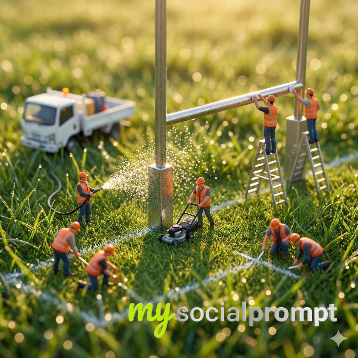 nanobanana prompt: Macro Diorama of Miniature Workers at Golden Hour