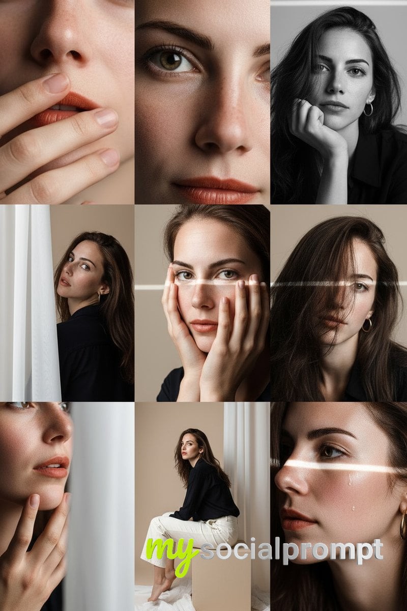 nanobanana prompt: Minimalist Editorial Portrait Grid: Soft Light, Barefoot, Emotional Detail