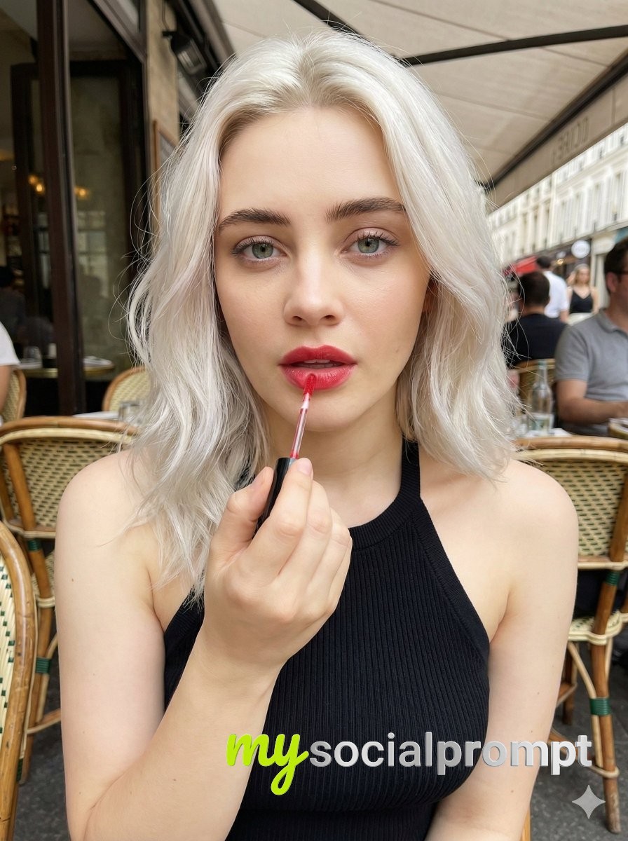 nanobanana prompt: Candid Cafe Beauty Portrait with Natural Daylight & Glossy Red Lips