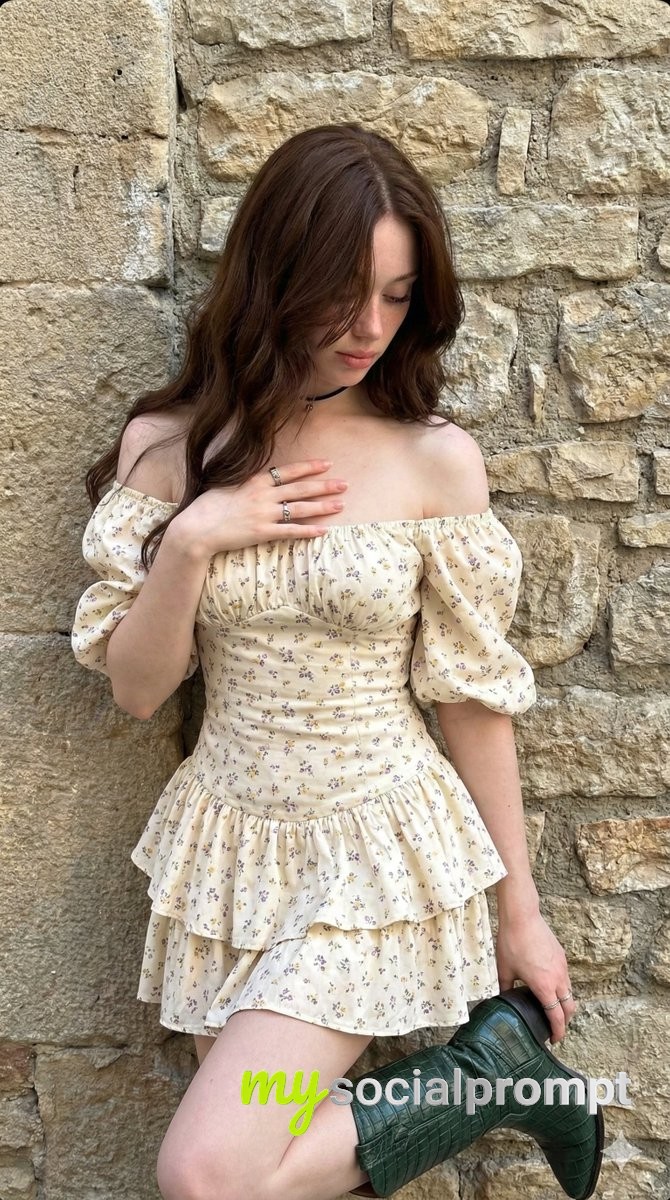 nanobanana prompt: Introspective Young Woman in Cottagecore Dress Against Stone Wall