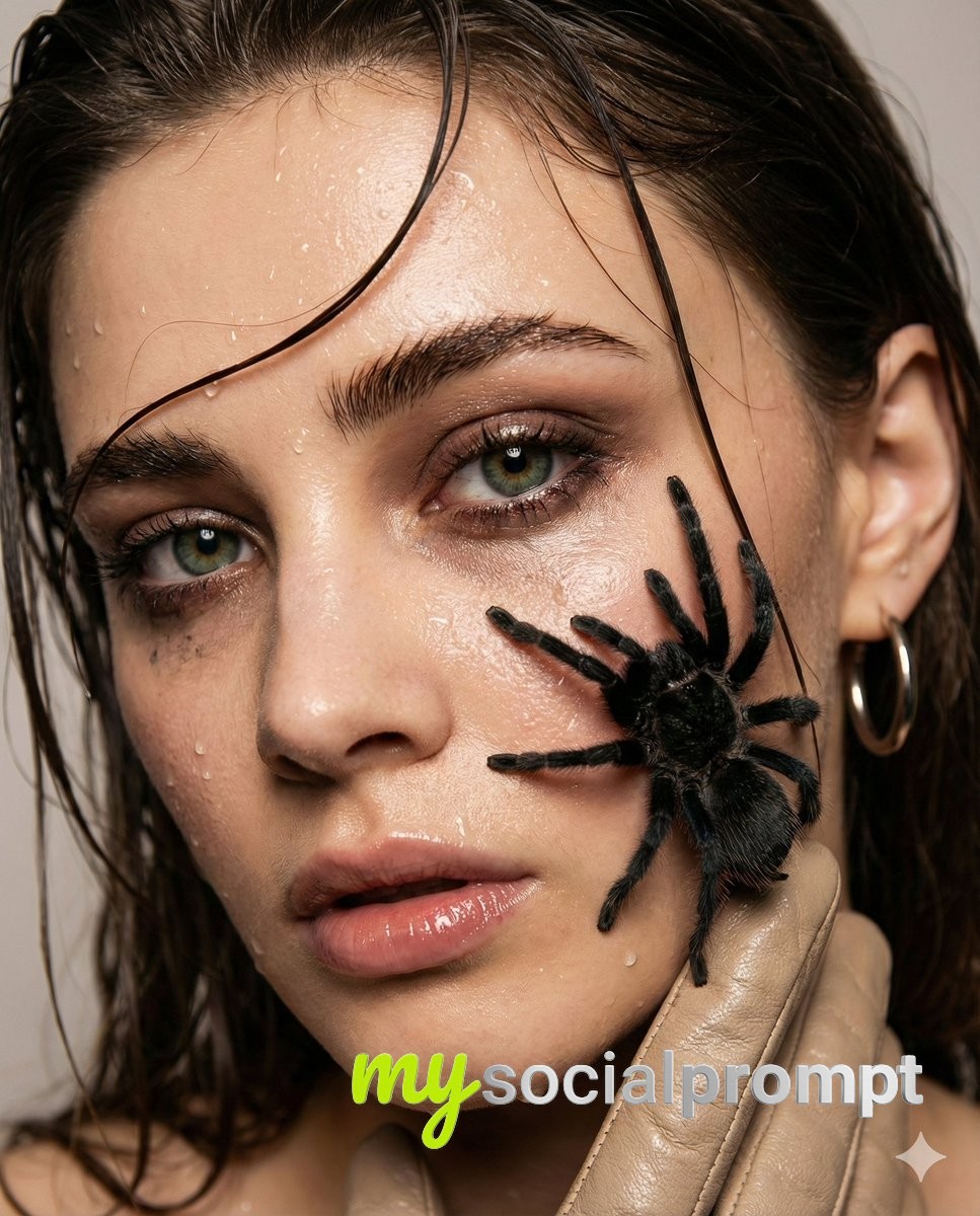nanobanana prompt: Cinematic Fashion Portrait with Surreal Tarantula Element