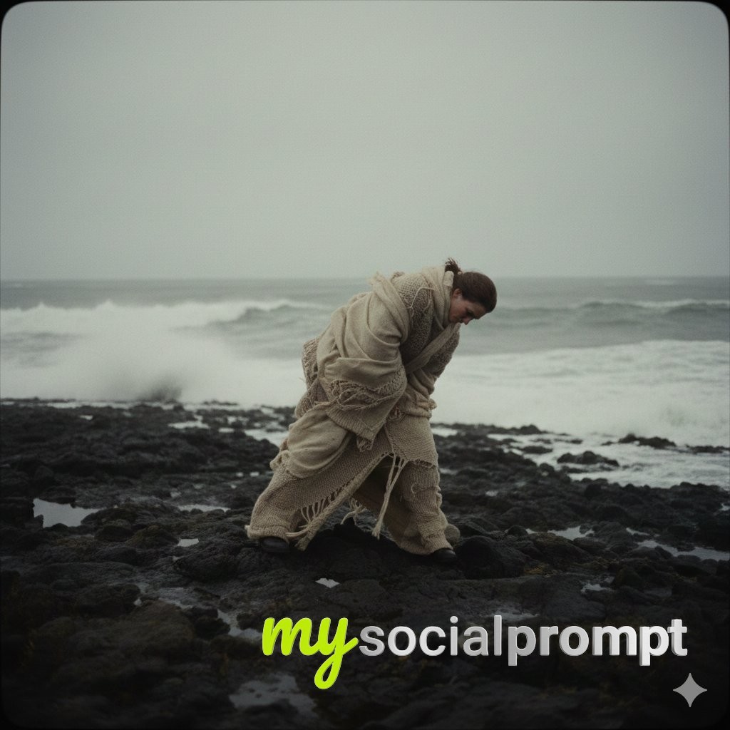 nanobanana prompt: Eroding Solitude: Cinematic Realism on a Wind-Swept Coast