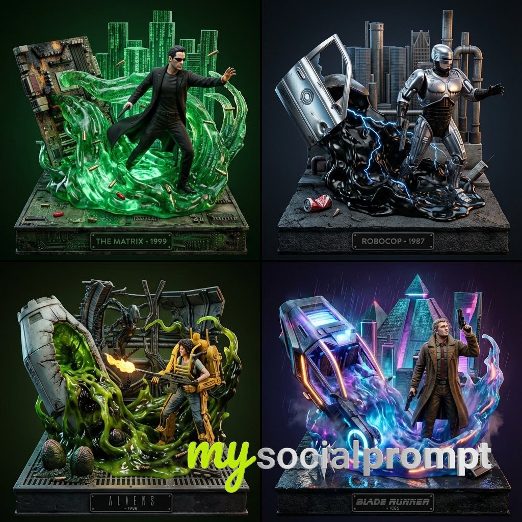 nanobanana prompt: Cyberpunk 3D Collectibles with Translucent Fluid Sculptures