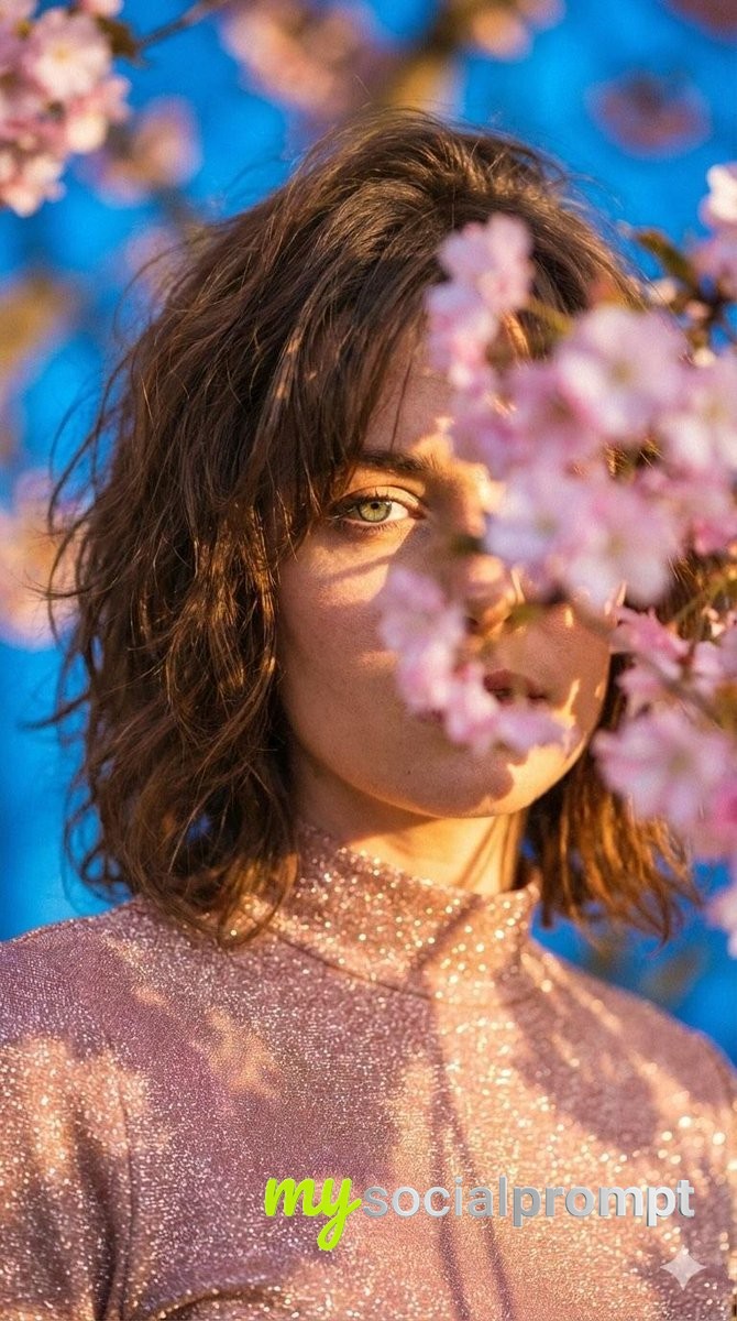 nanobanana prompt: Cinematic Portrait with Blossom Foreground & Golden-Hour Lighting 4