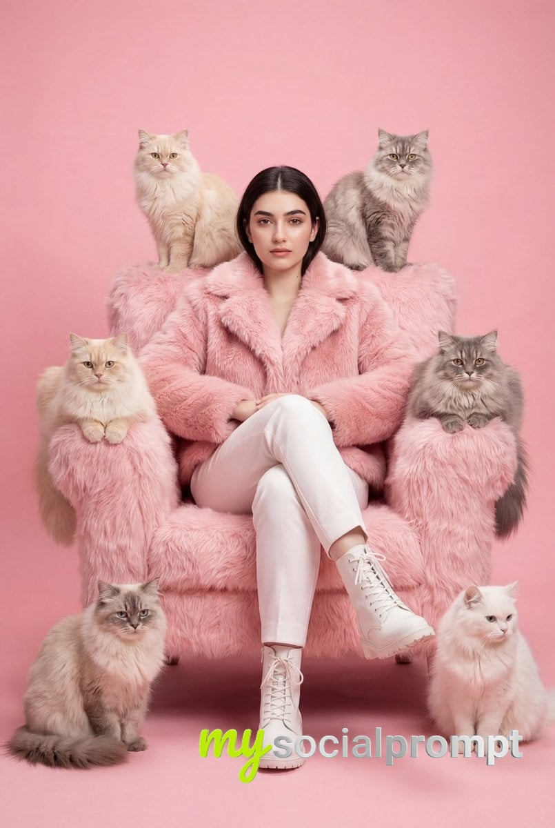 nanobanana prompt: Monochromatic Pink Fashion Portrait with Fluffy Cats in Luxe Faux-Fur Armchair
