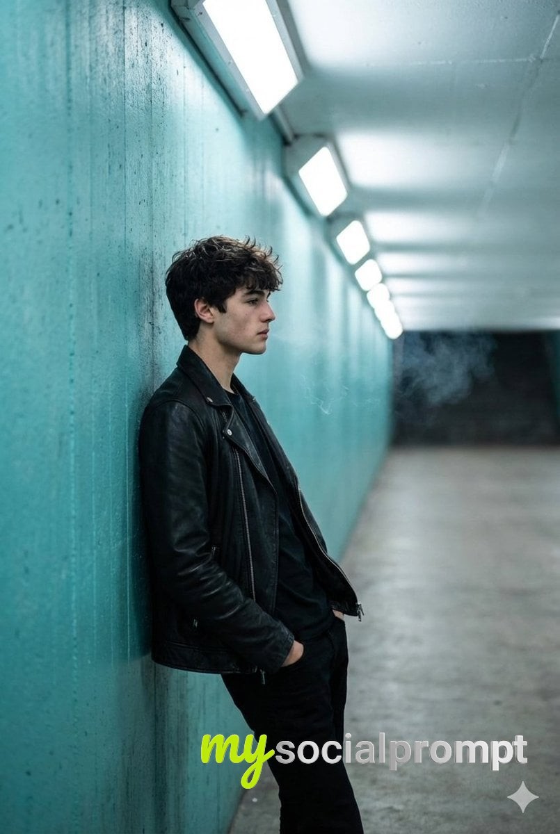 nanobanana prompt: Urban Introspection: Cool Turquoise Tunnel Portrait with Cinematic Lighting