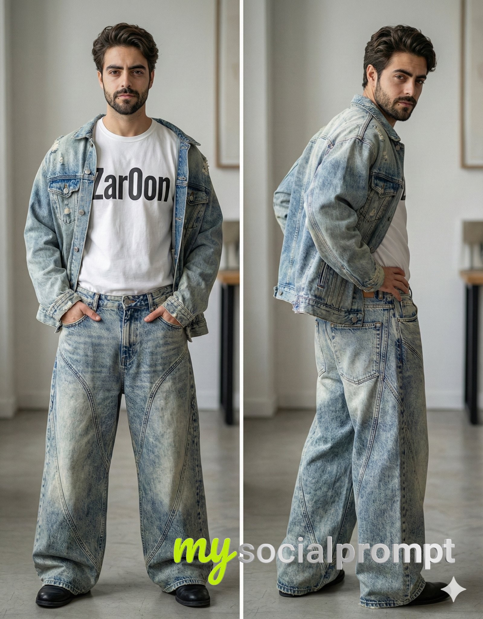 nanobanana prompt: Avant-Garde Streetwear Portrait with Distressed Denim