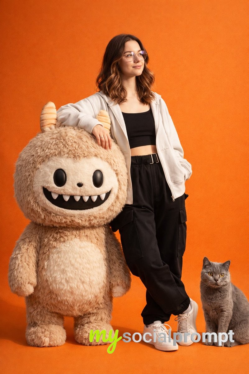 nanobanana prompt: Hyper-realistic Studio Editorial with Gen-Z Streetwear & Labubu