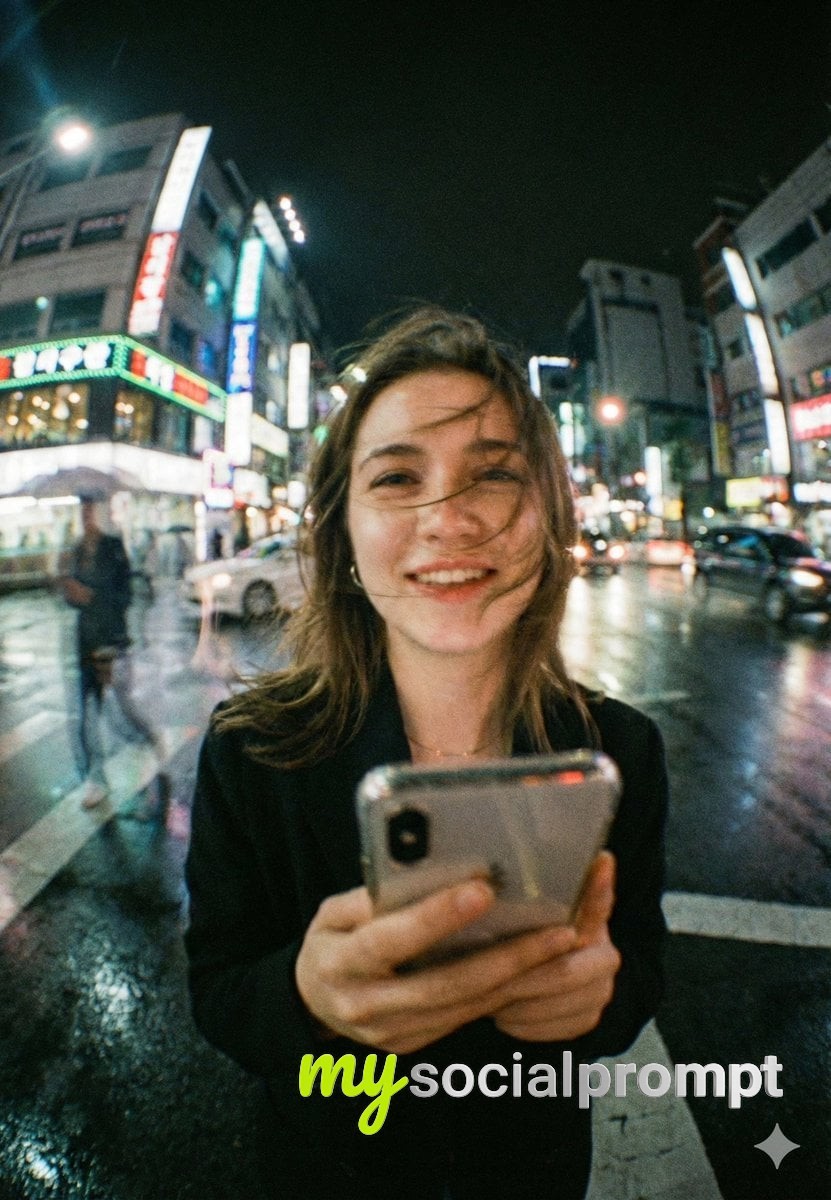 nanobanana prompt: Cinematic Night Street Portrait with Neon Lighting and Wide-Angle Lens