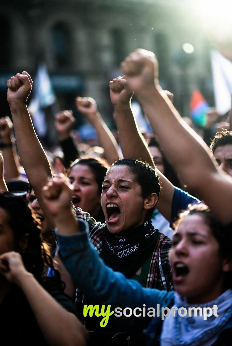 nanobanana prompt: Revolutionary Cinematic Protest Scene – Raised Fists & Dramatic Lighting