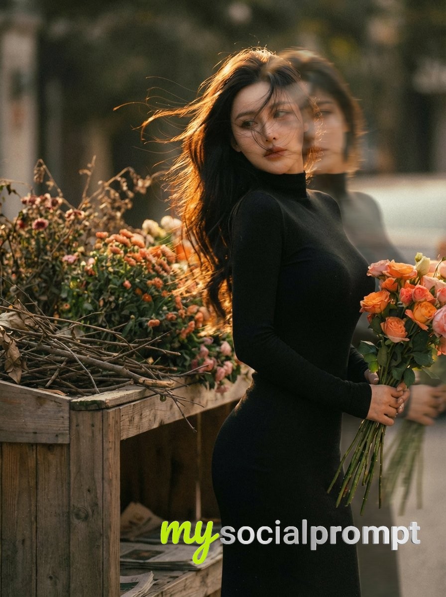 nanobanana prompt: Ethereal Cinematic Portrait at a Flower Stand with Double-Exposure Effect