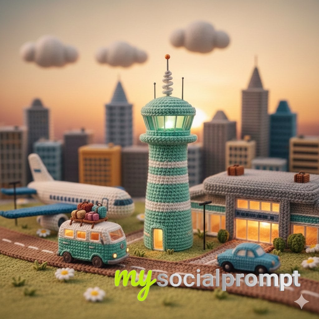 nanobanana prompt: Crocheted Airport Diorama: Whimsical Miniature Yarn Art in Golden Hour Light