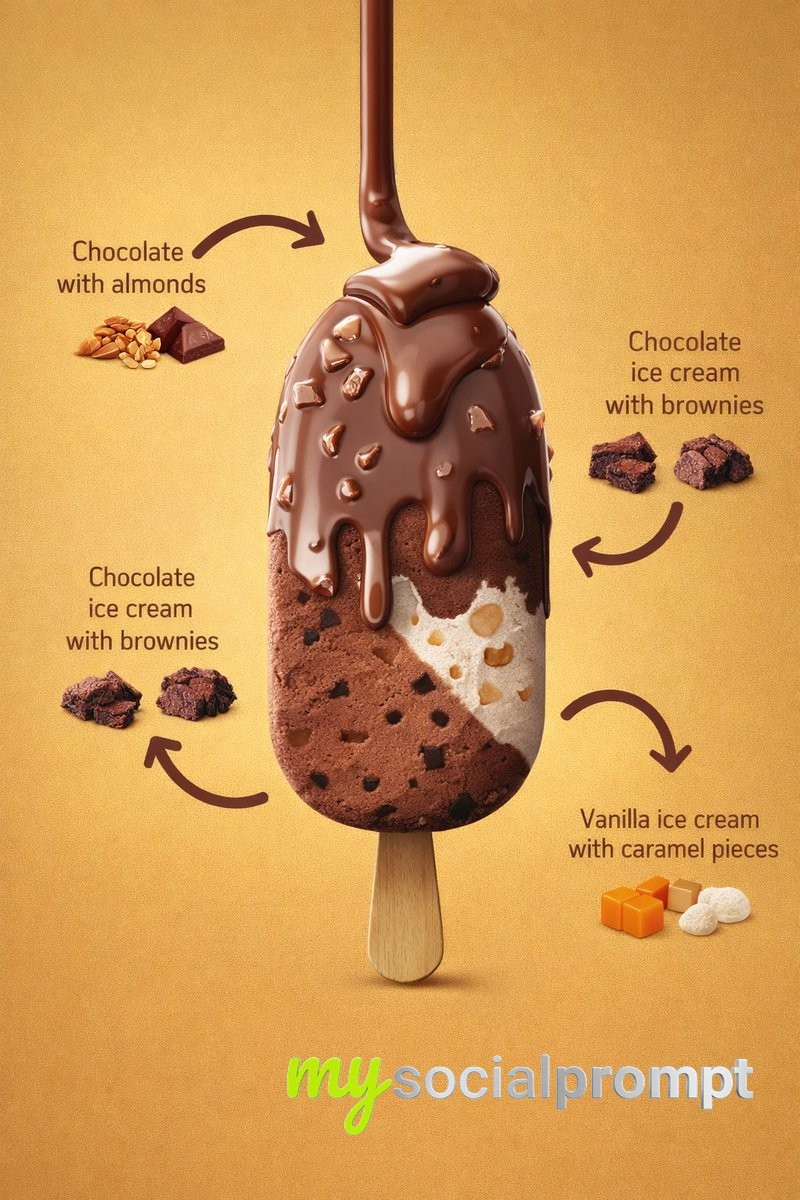 nanobanana prompt: Hyper-realistic Ice Cream Bar with Studio Lighting & Ingredient Callouts