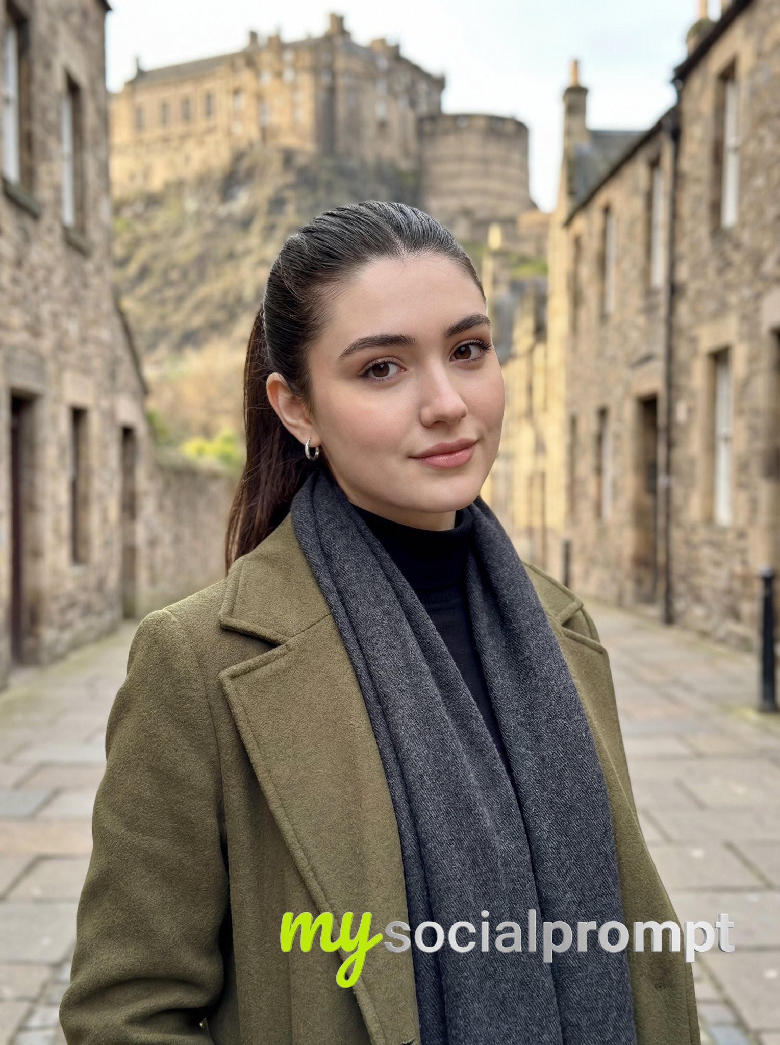 nanobanana prompt: European Winter Portrait with Historic Stone Architecture