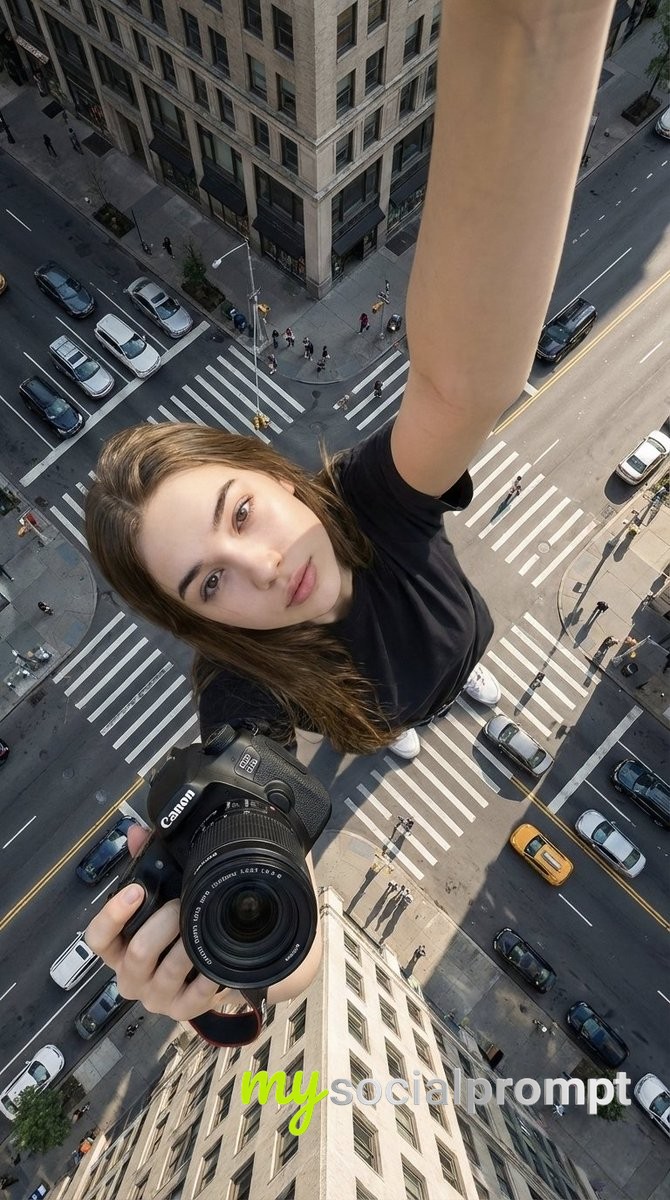 nanobanana prompt: Hyper-realistic Cinematic Selfie with Forced Perspective