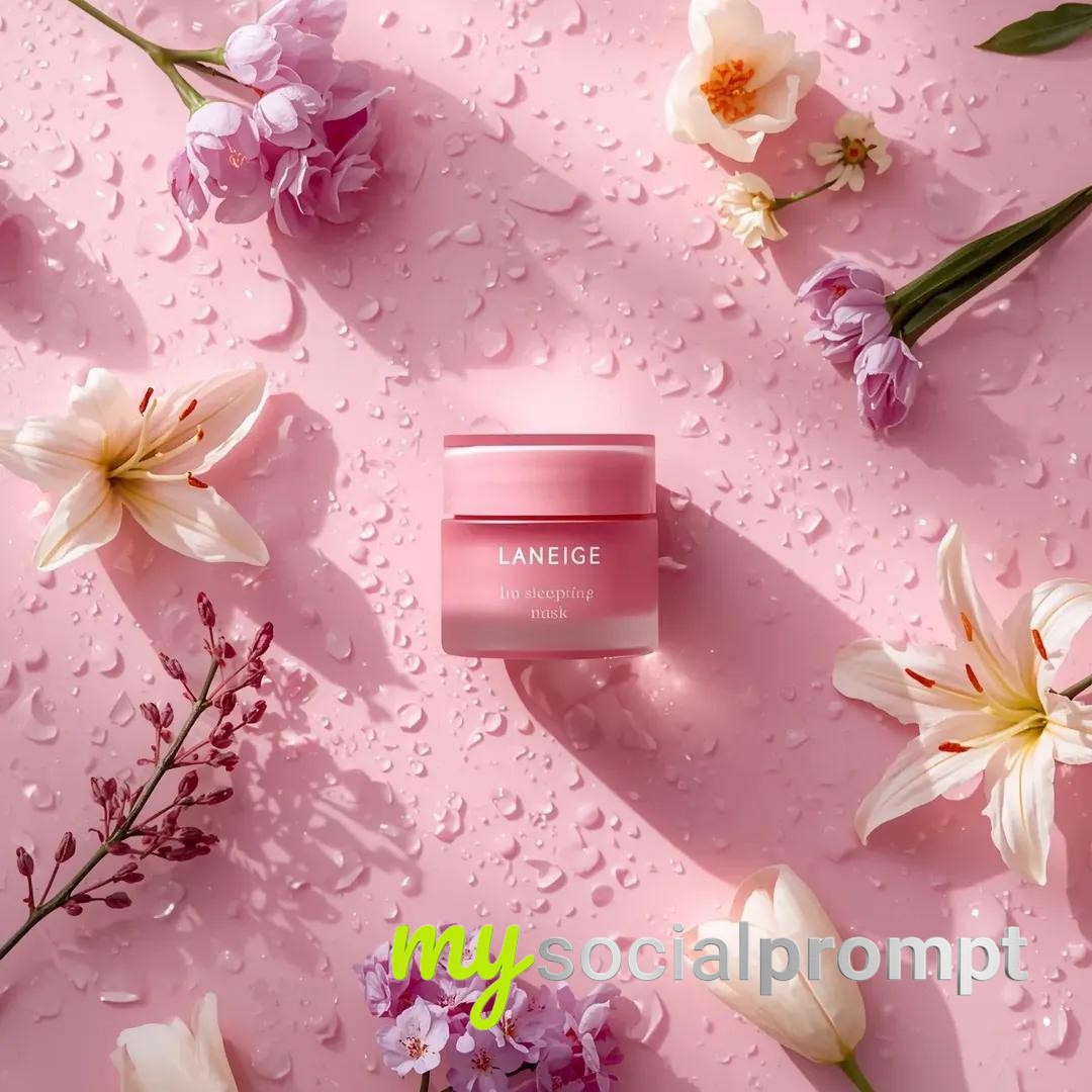 nanobanana prompt: Hyper-realistic Flat-Lay of LANEIGE Lip Mask with Pastel Florals 3