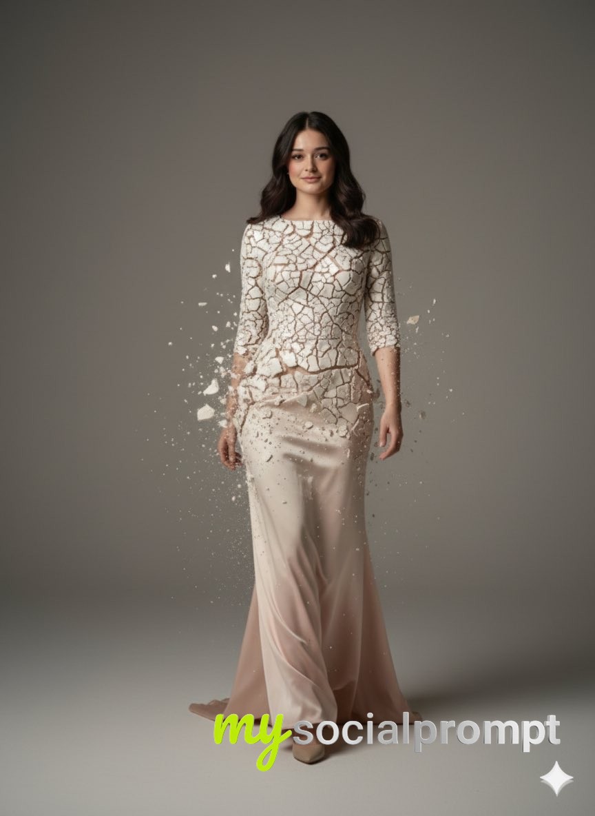 nanobanana prompt: Cinematic Fashion Portrait with Porcelain Couture