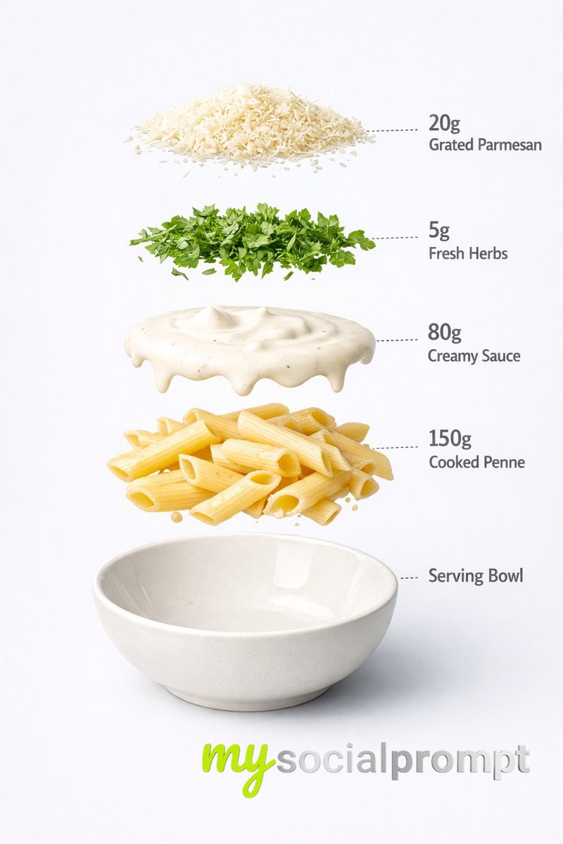 nanobanana prompt: Creamy Penne Pasta in Minimalist Food Photography & Exploded View