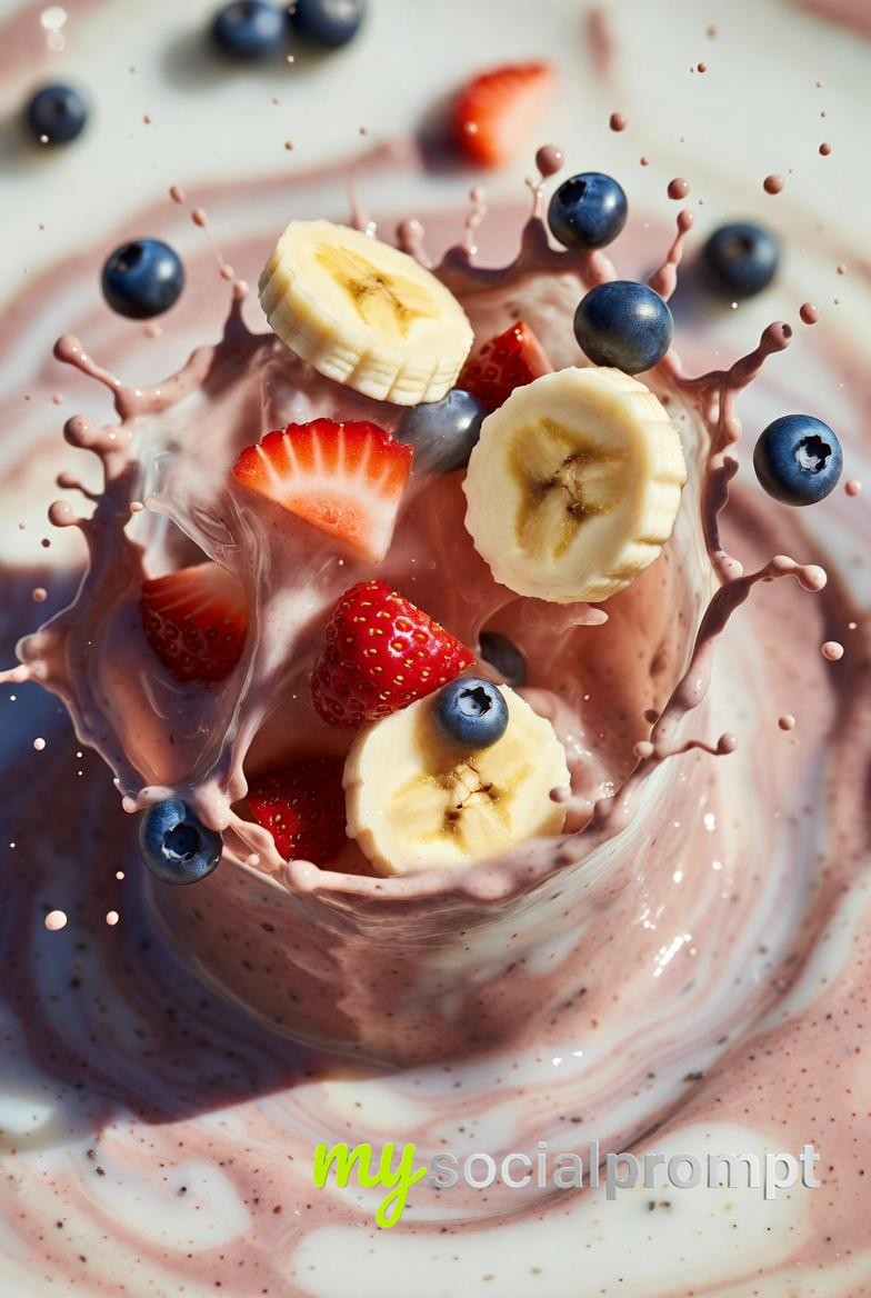 nanobanana prompt: Cinematic 8K Realism of a Frozen Smoothie Explosion