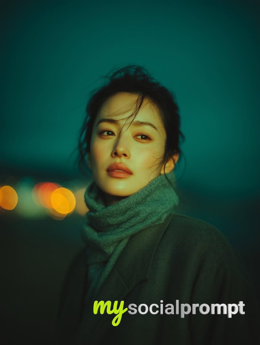 nanobanana prompt: Cinematic Night Portrait with Teal Color Grading