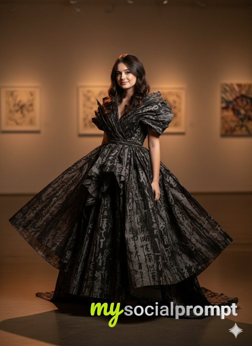 nanobanana prompt: Art-Couture Portrait with Calligraphy Fabric in Gallery Lighting