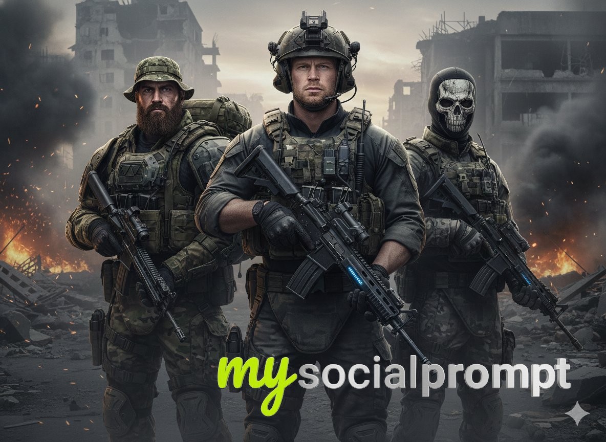 nanobanana prompt: Cinematic Military Squad Portrait with Hyper-realistic Textures 2
